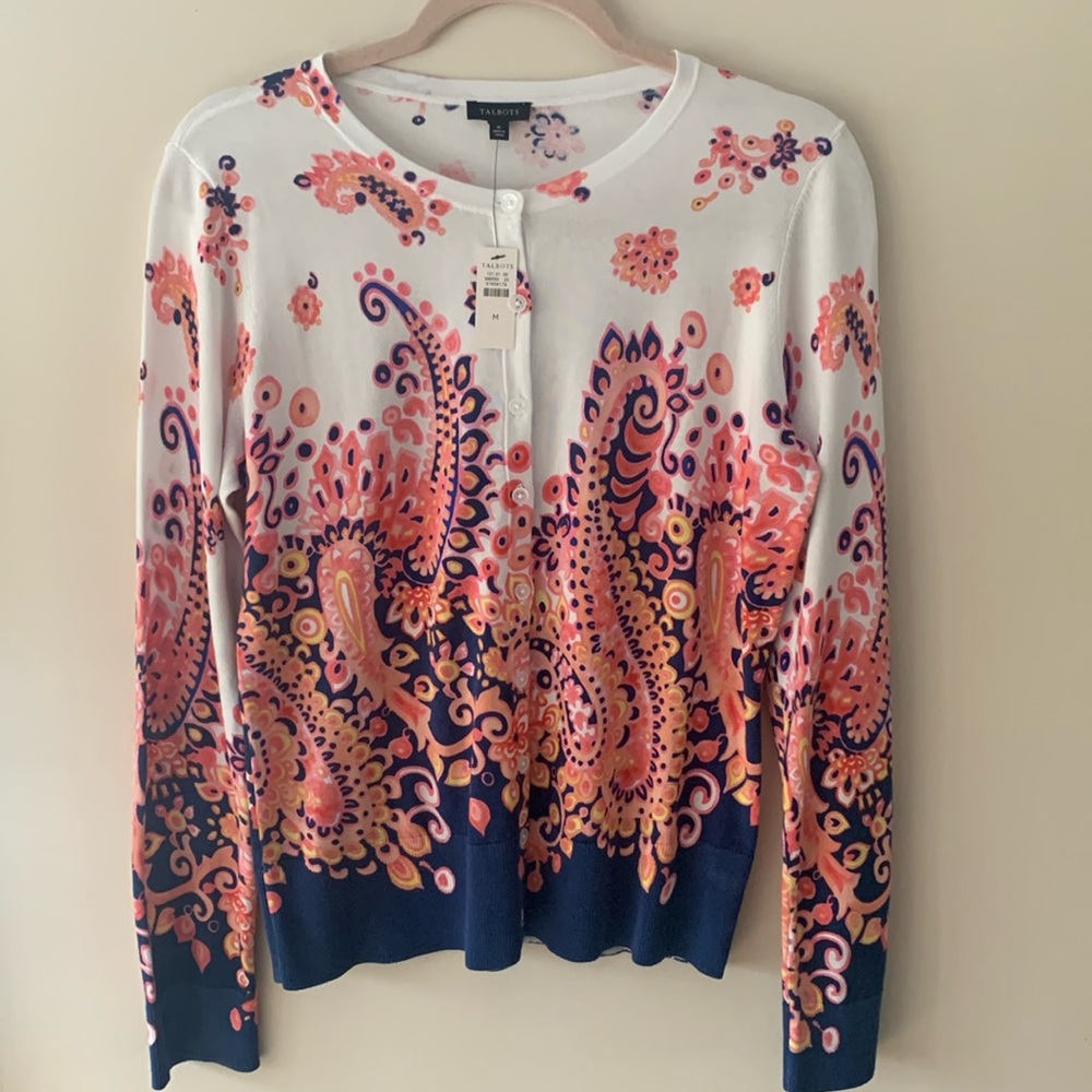 NWT Talbots white/navy/coral cotton/rayon long sleeved cardigan sweater size M